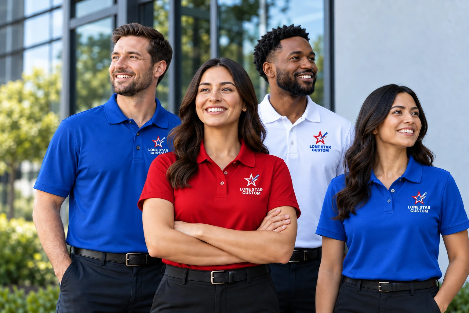 Team wearing branded red, white and royal blue polos