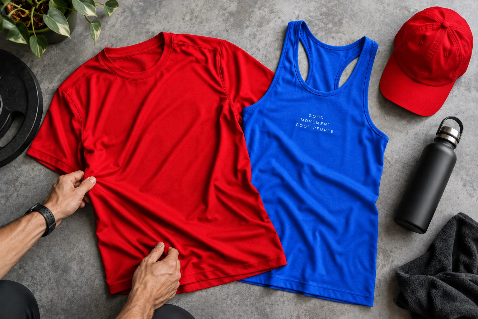 Fitness merchandise collection with tee tank cap and bottle