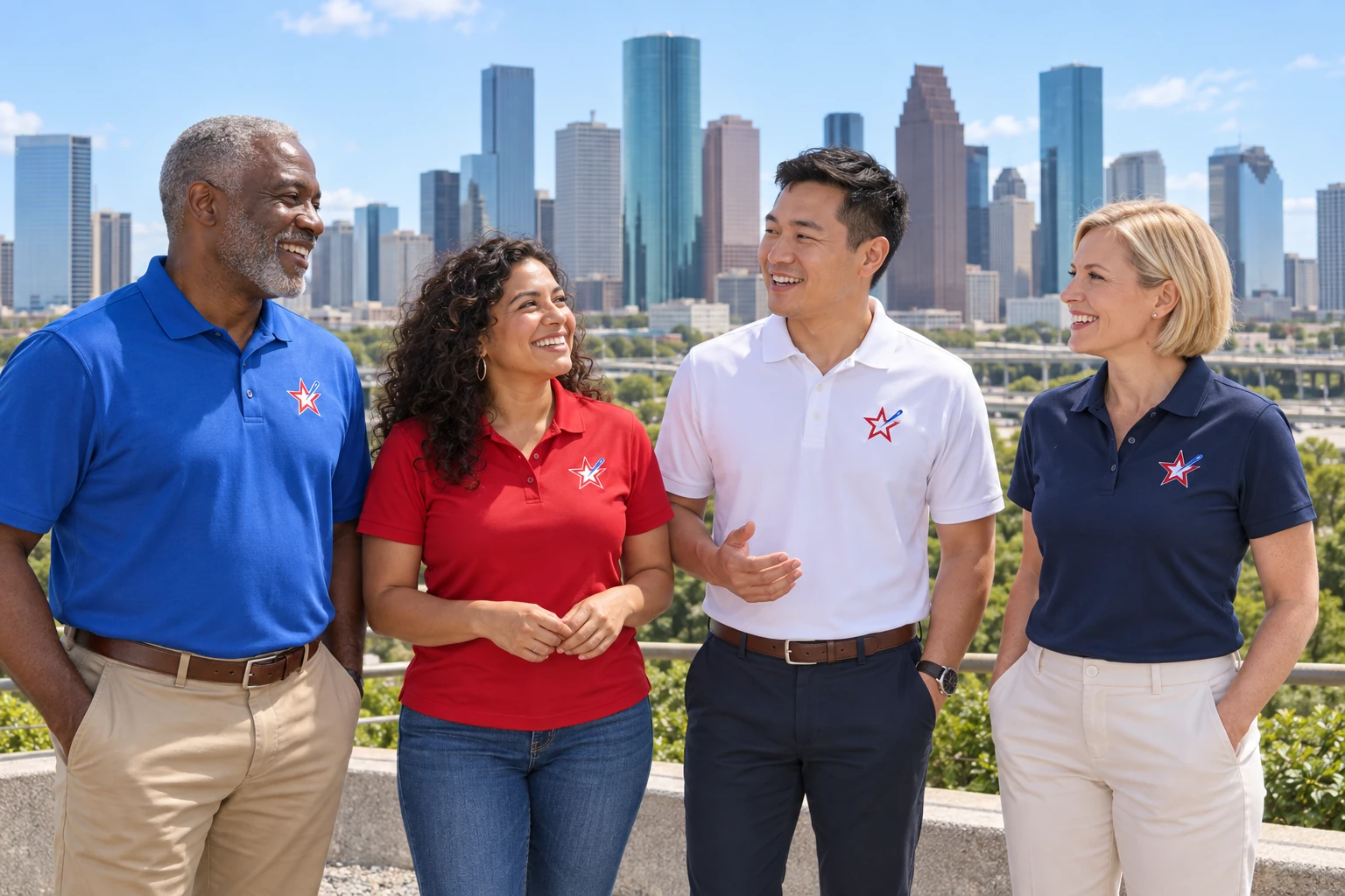Four models in branded royal blue, red, white and navy polos against a Houston skyline