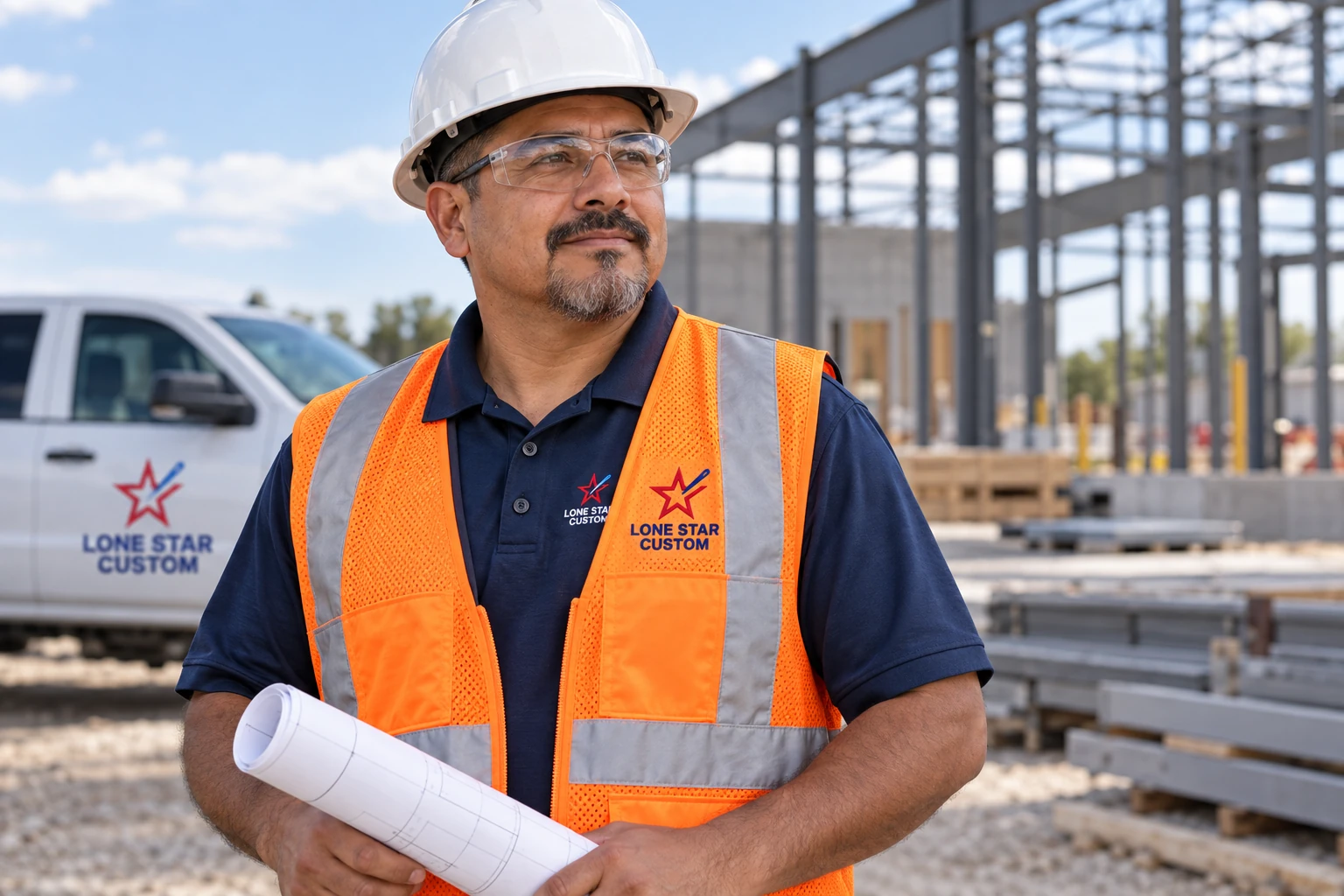 Workwear model in an orange reflective vest and navy LS Custom polo