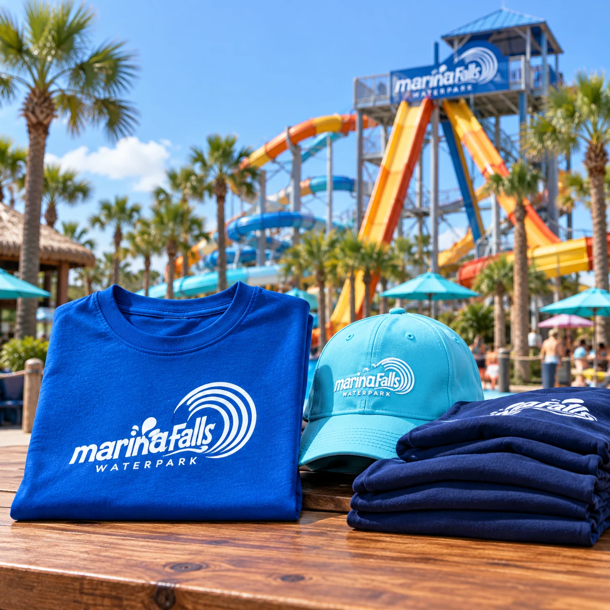 Attraction merchandise concept with turquoise apparel and blue accessories