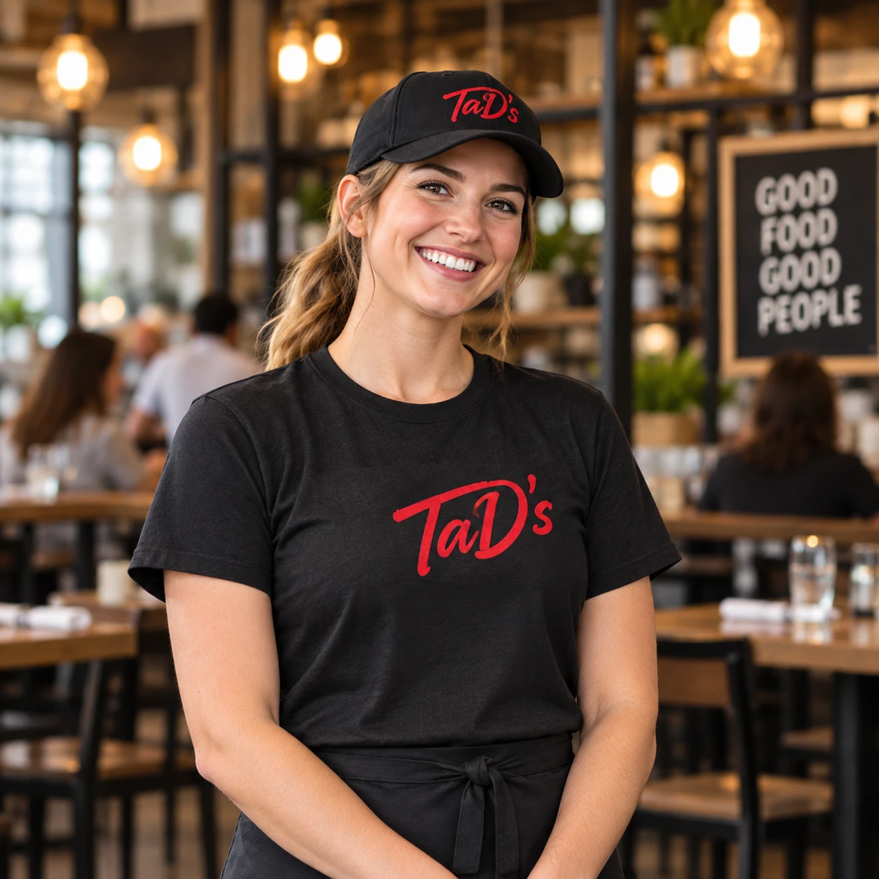 Restaurant uniform concept with black apparel and red Tads branding