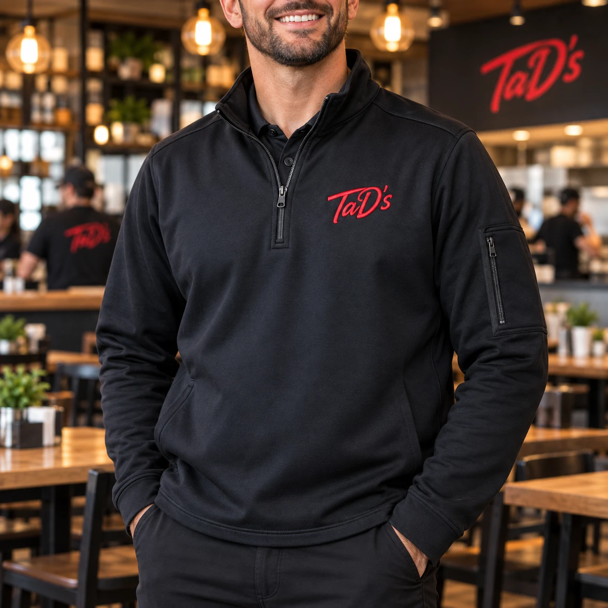 Illustrative restaurant manager in branded apparel