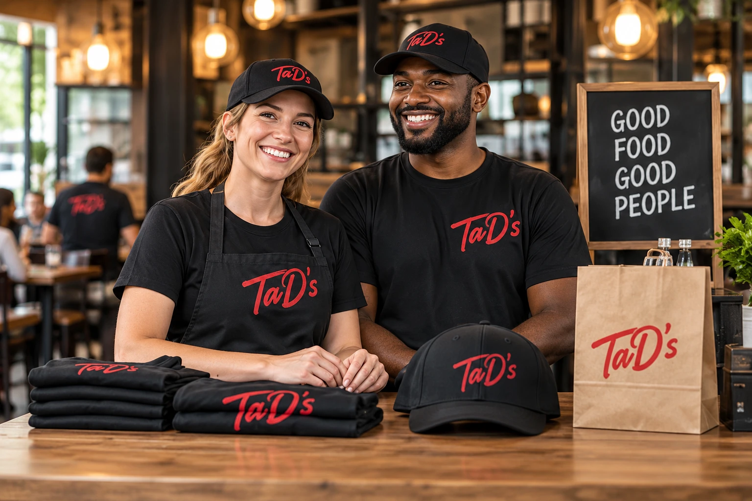 Illustrative restaurant uniforms and merchandise program