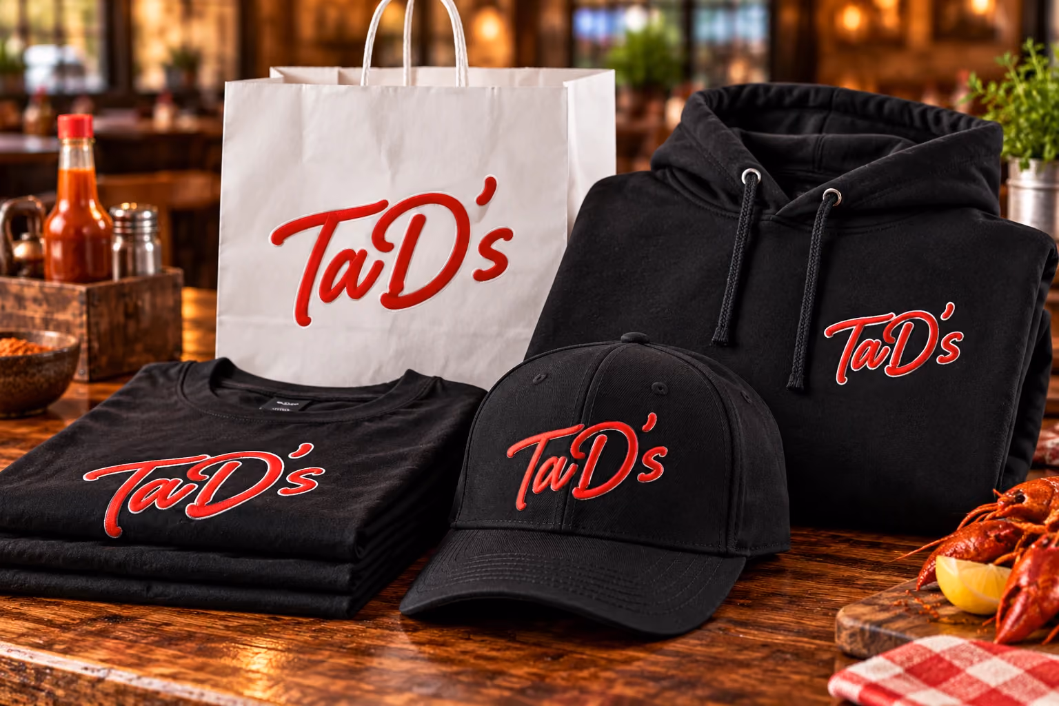 Tads merchandise concept with black apparel and a white tote featuring red logos