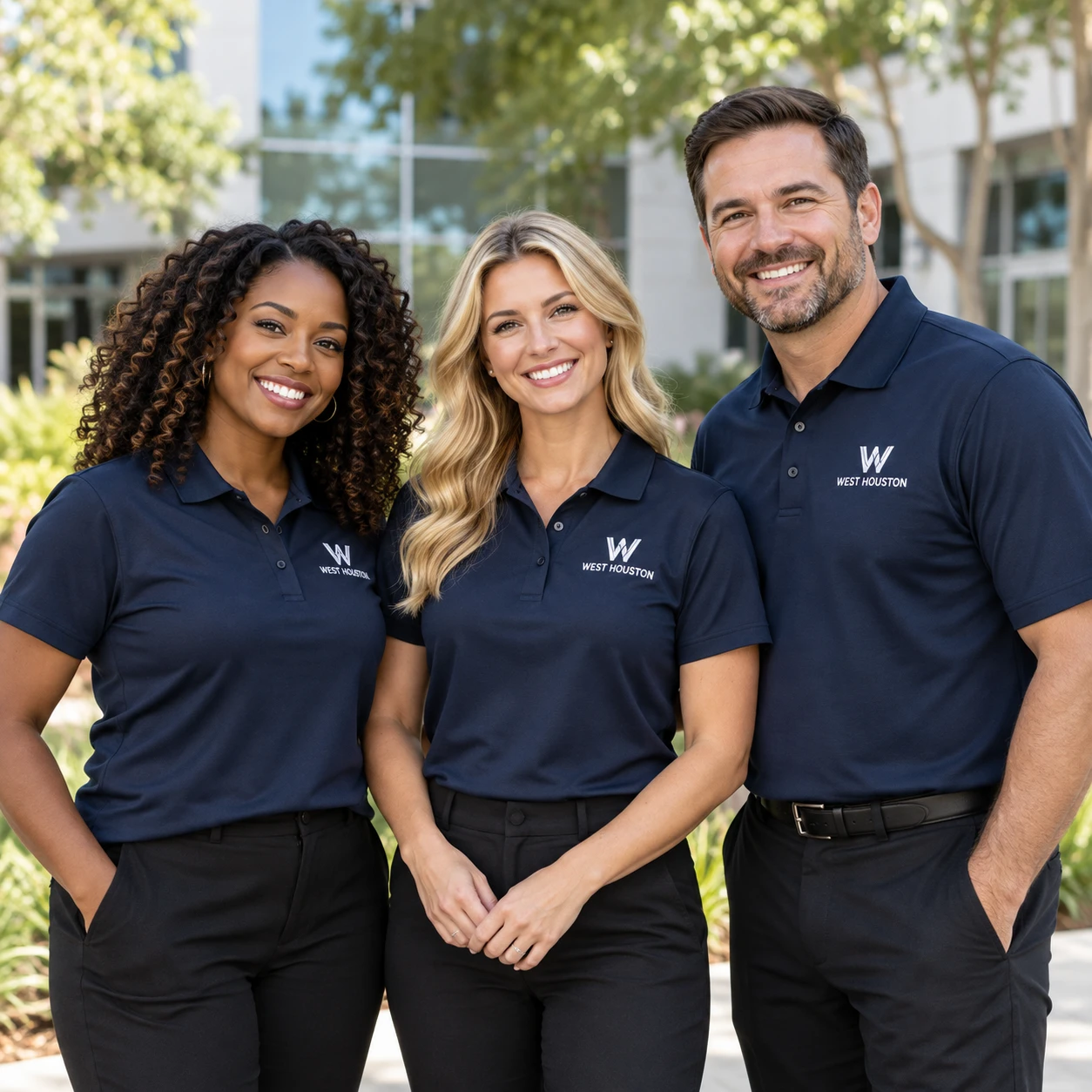 Illustrative business team in coordinated branded apparel