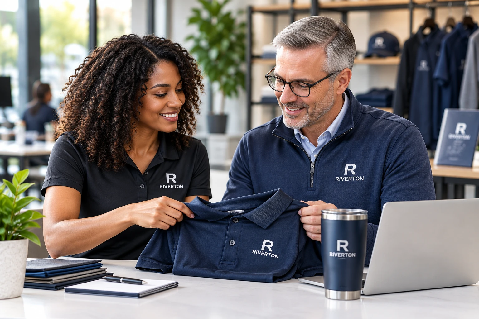 Illustrative consultation reviewing branded apparel options