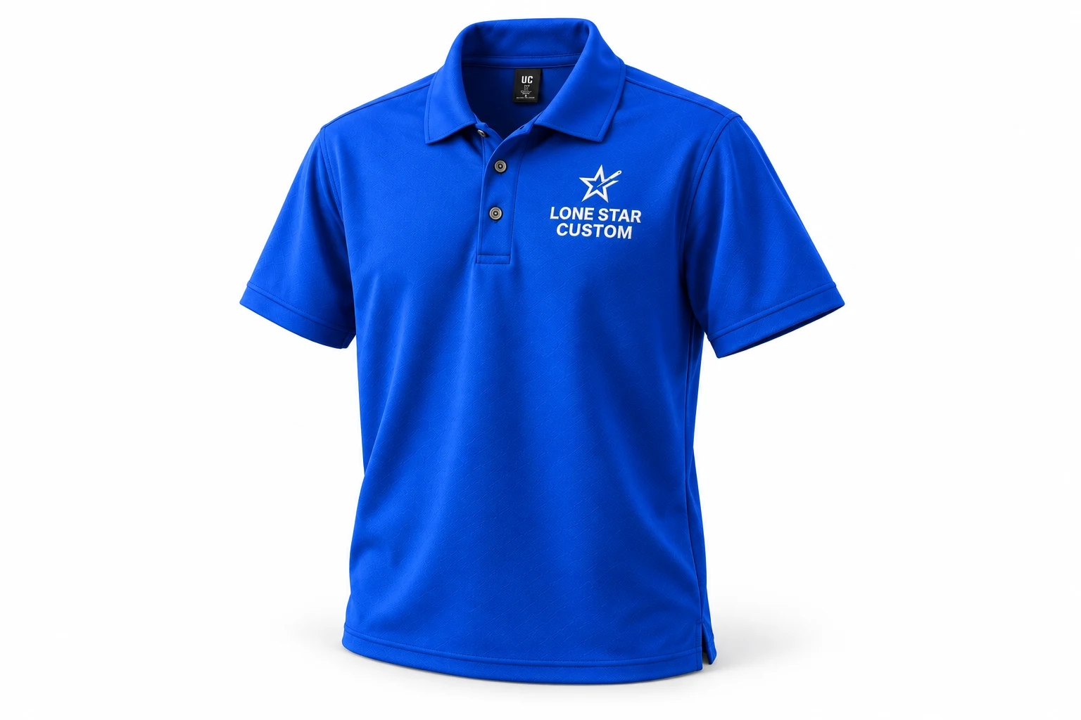 Royal blue polo with an embroidered LS Custom logo