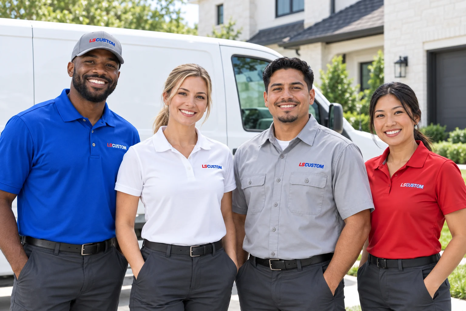 Field-service apparel concept in blue, white, gray and red