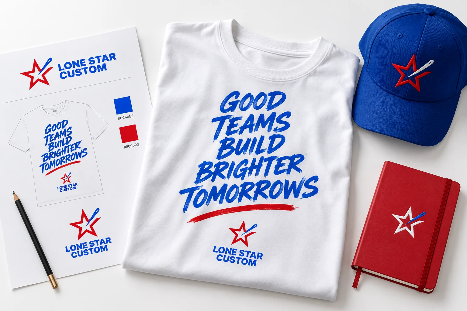 LS Custom design concept: original artwork becomes a matching graphic T-shirt, embroidered cap and notebook