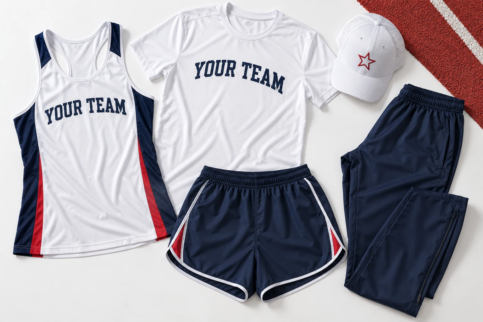 Custom track singlet, running shirt, shorts, warmup pants and performance cap concept