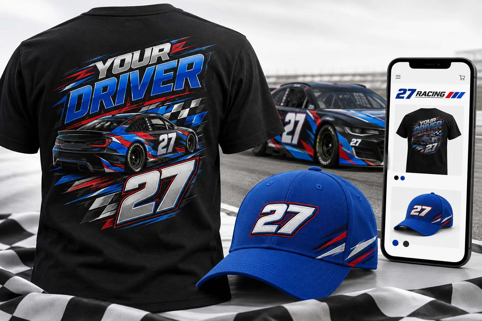 Fictional number 27 stock-car merchandise concept with driver T-shirt, cap and mobile fan store