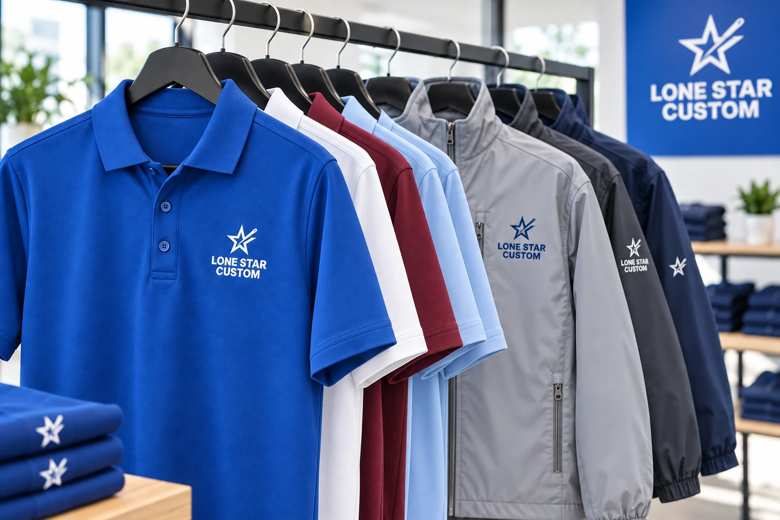 Coordinated polos and jackets in royal blue, white, burgundy, light blue and gray