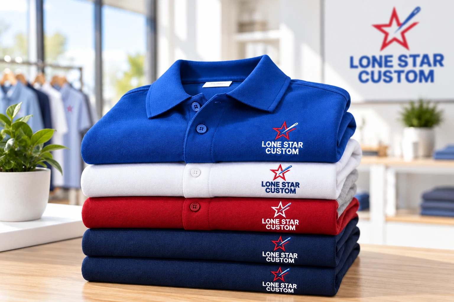 Embroidered polos in royal blue, white, red and navy