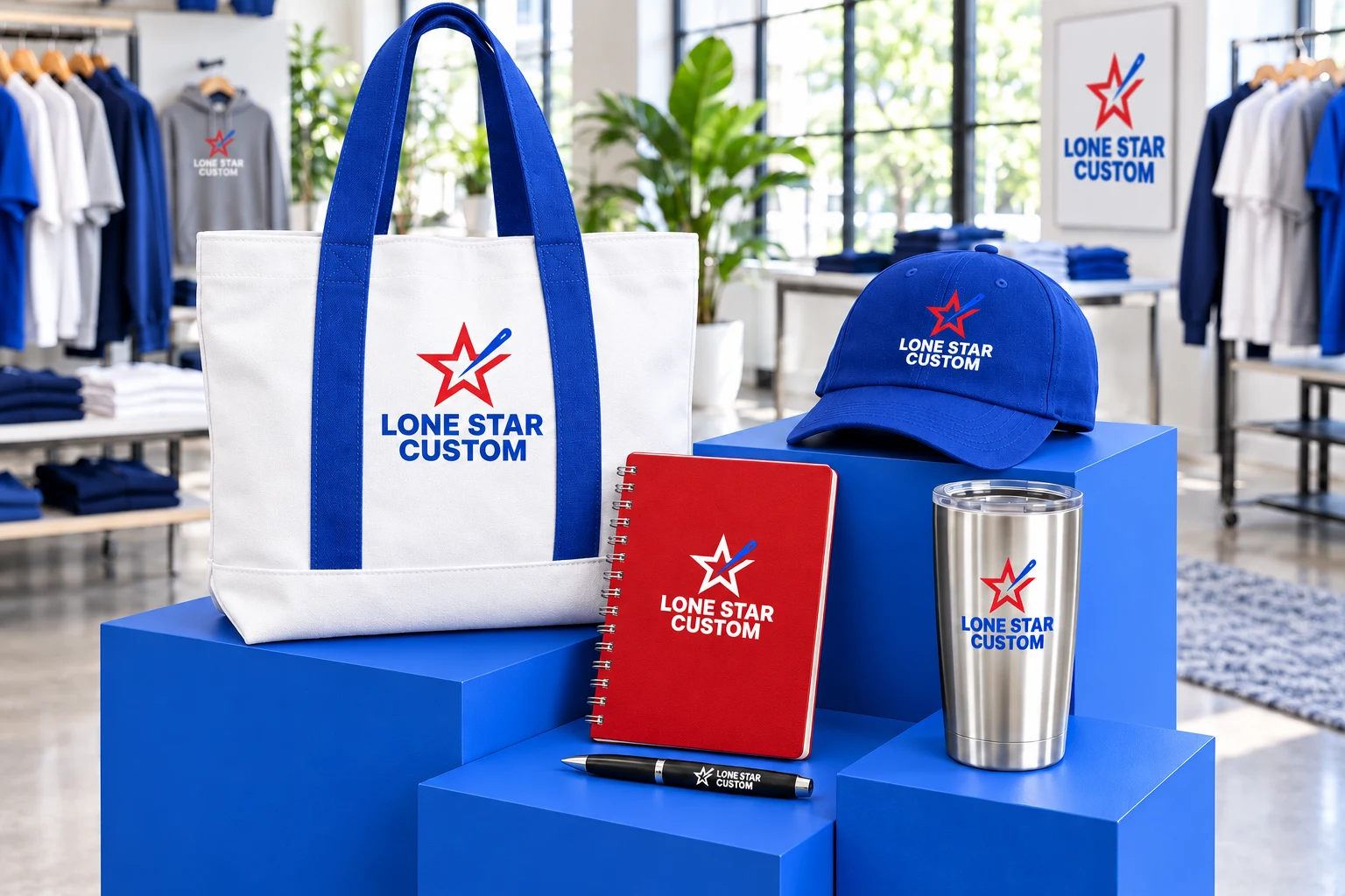 White tote, royal blue cap, red notebook and stainless tumbler with LS Custom logos
