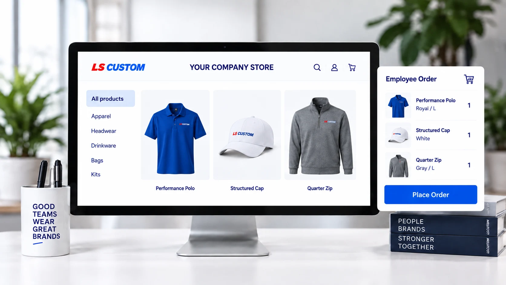 Illustrative company store with approved branded apparel