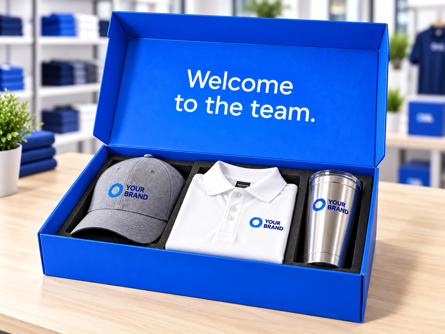 Welcome kit concept with a white polo, gray cap and stainless tumbler