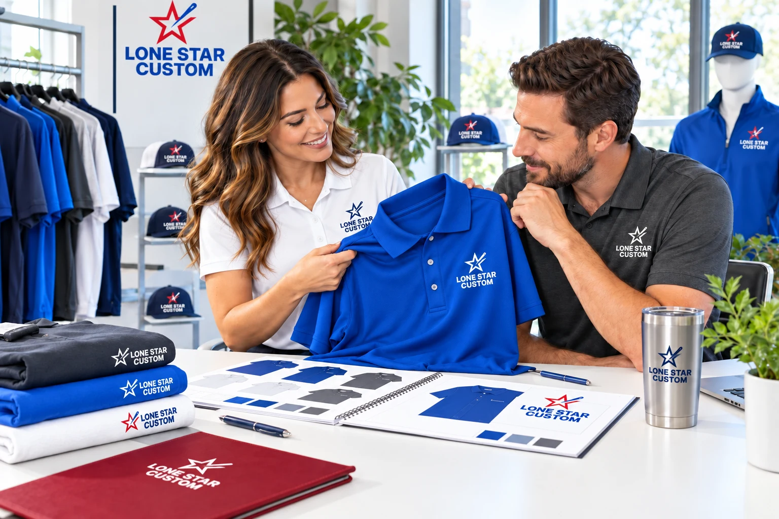 Apparel consultation concept reviewing a royal blue embroidered polo