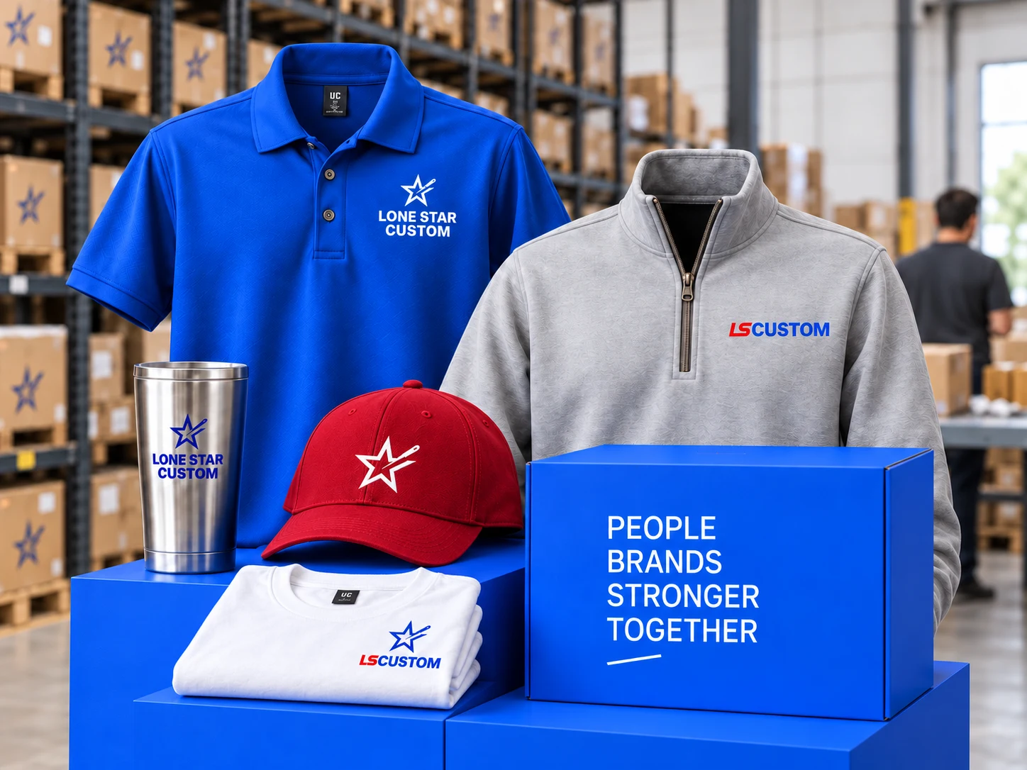 LS Custom apparel concept with a royal blue polo, gray quarter-zip, red cap, white shirt and tumbler