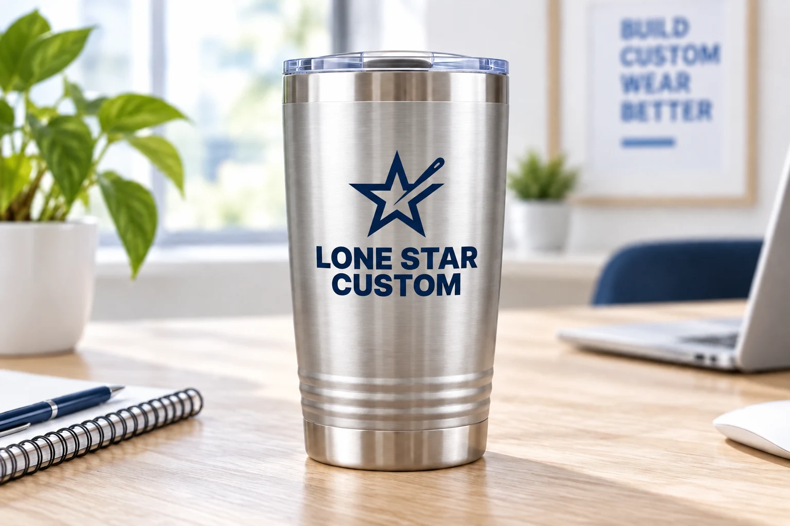 Stainless tumbler with illustrative custom branding