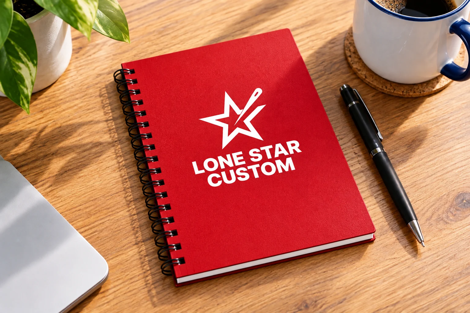 Illustrative branded notebook and pen for a client desk gift