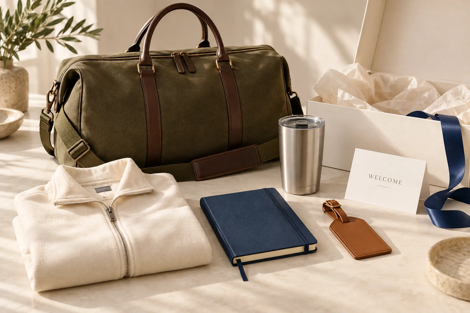 Premium client gift concept with olive weekender, notebook, cream layer and gift packaging