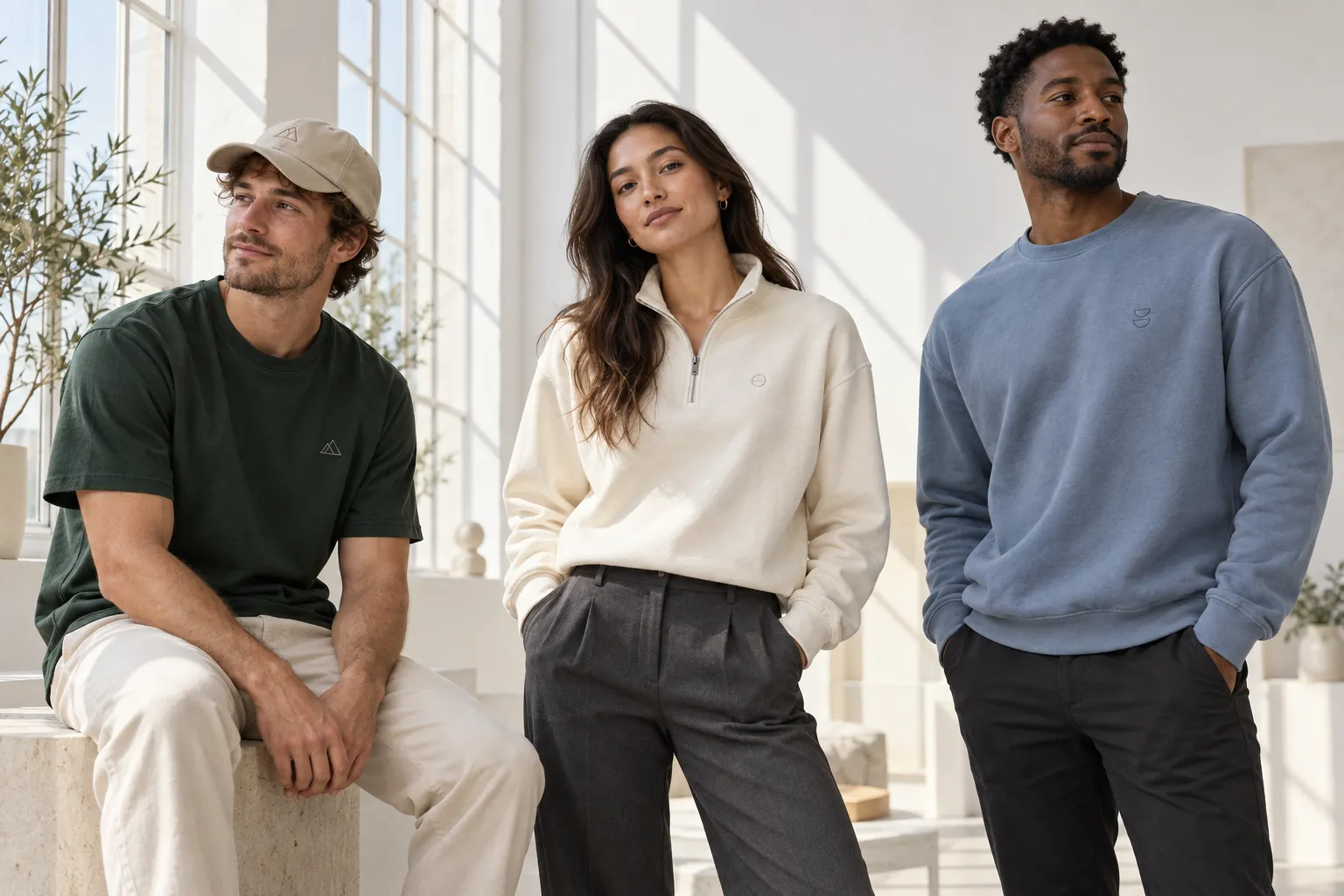 Illustrative models wearing a forest green tee, cream quarter zip and dusty blue crewneck