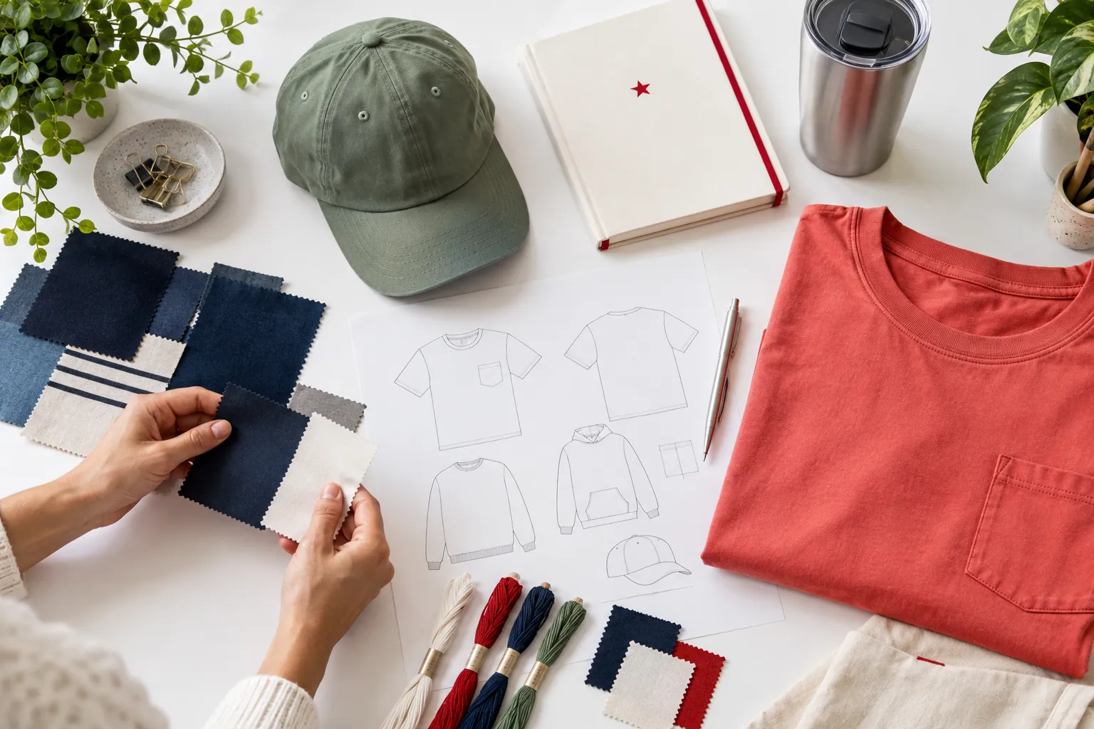 Illustrative merchandise design planning with fabric colors, apparel and artwork sketches