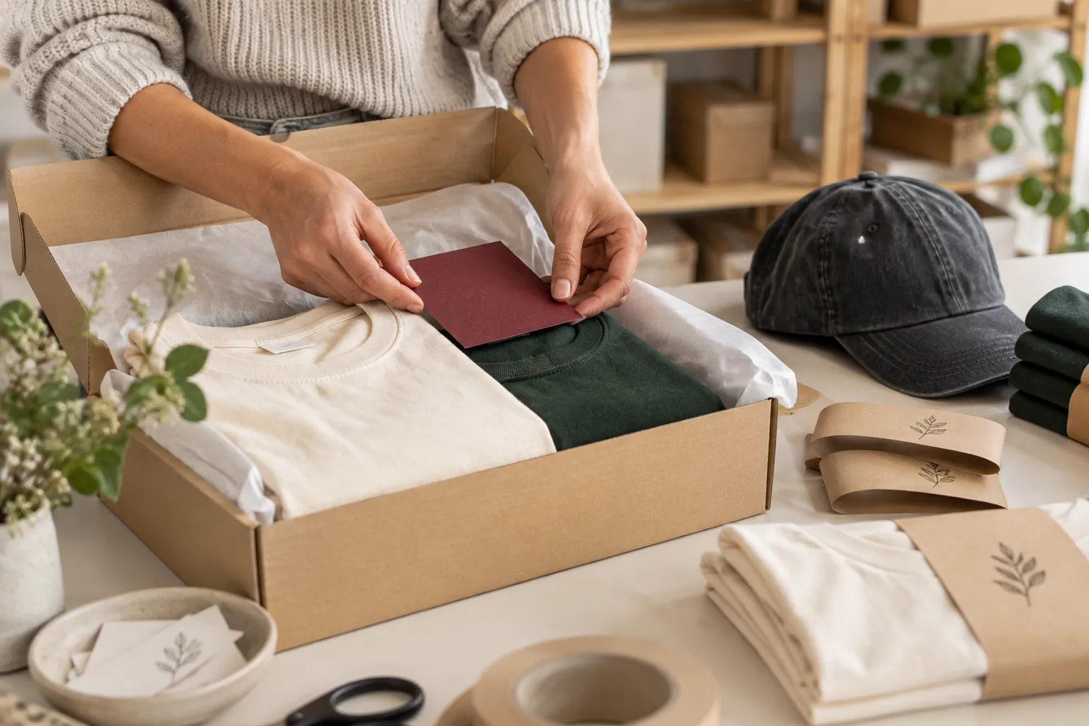 Illustrative merchandise packing scene, not evidence of recycled or certified packaging