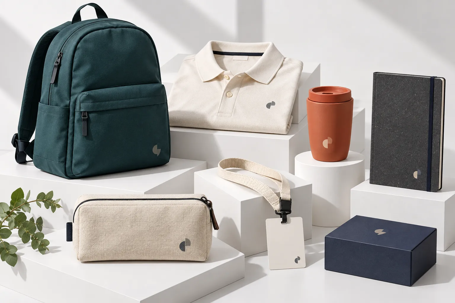 Client gift collection concept with teal backpack, ivory polo, terracotta cup, notebook and accessory pouch