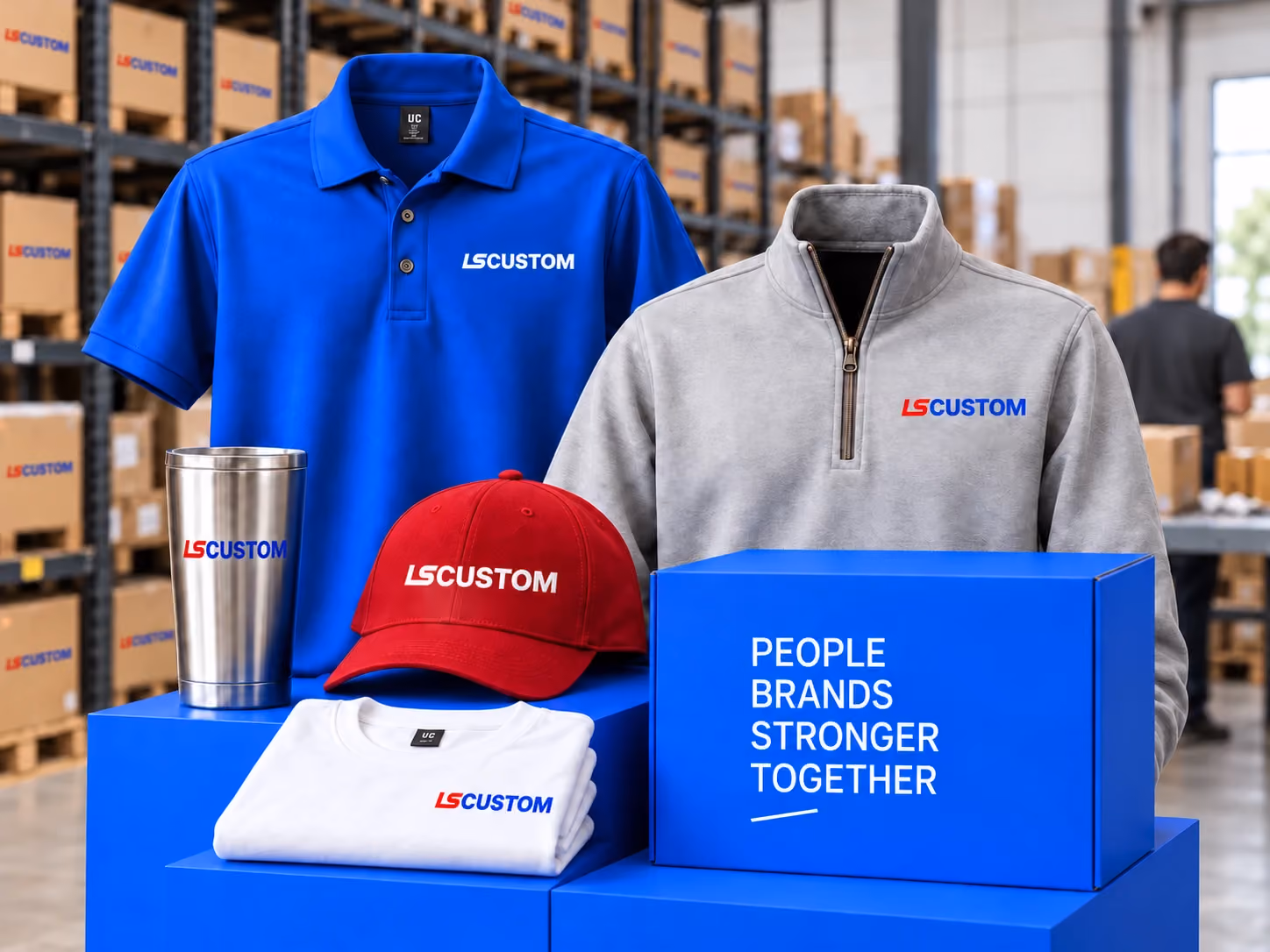 Royal blue polo, gray quarter zip, red cap, folded white shirt and stainless tumbler with LS Custom logos