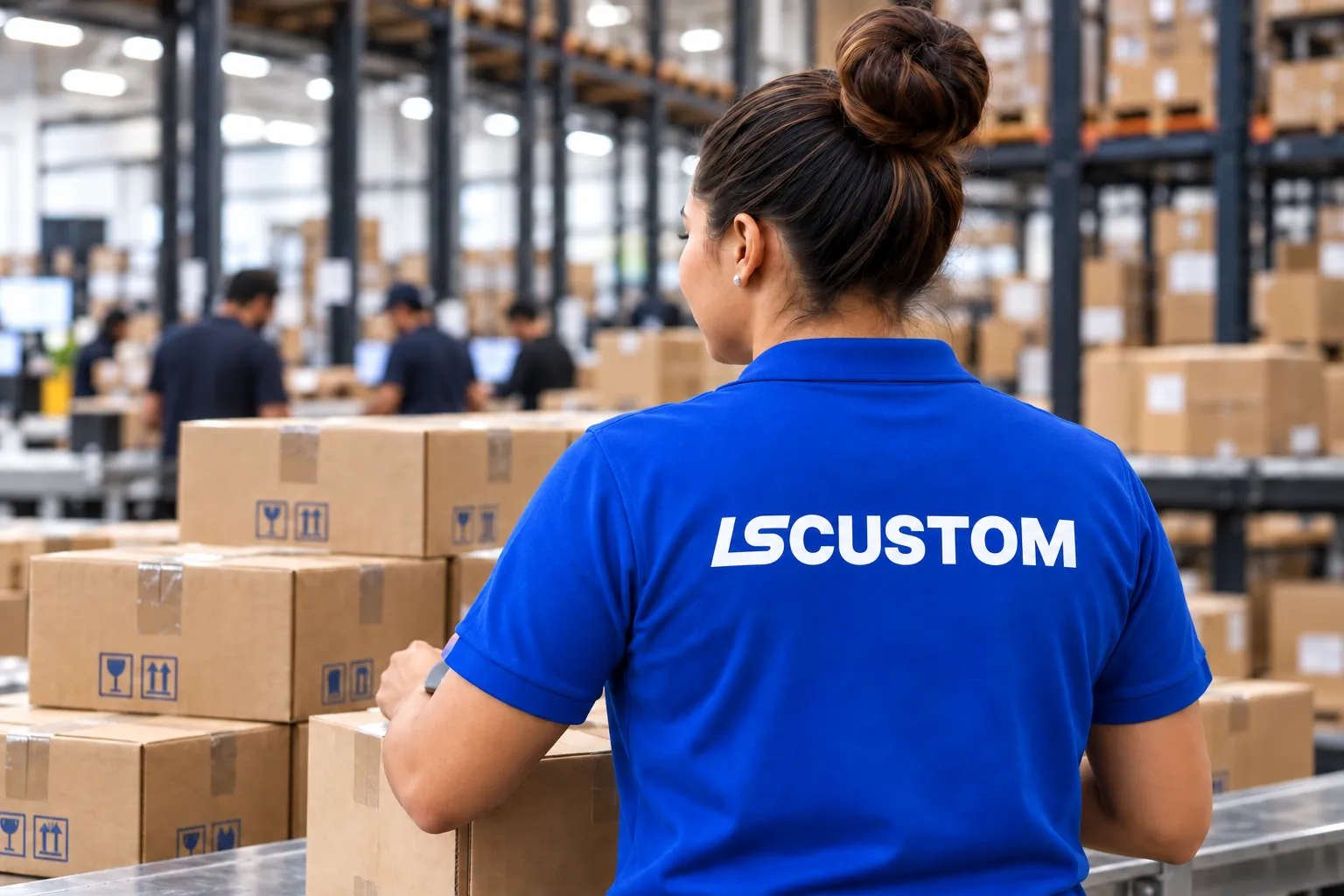 Royal blue branded shirt worn while preparing merchandise shipments