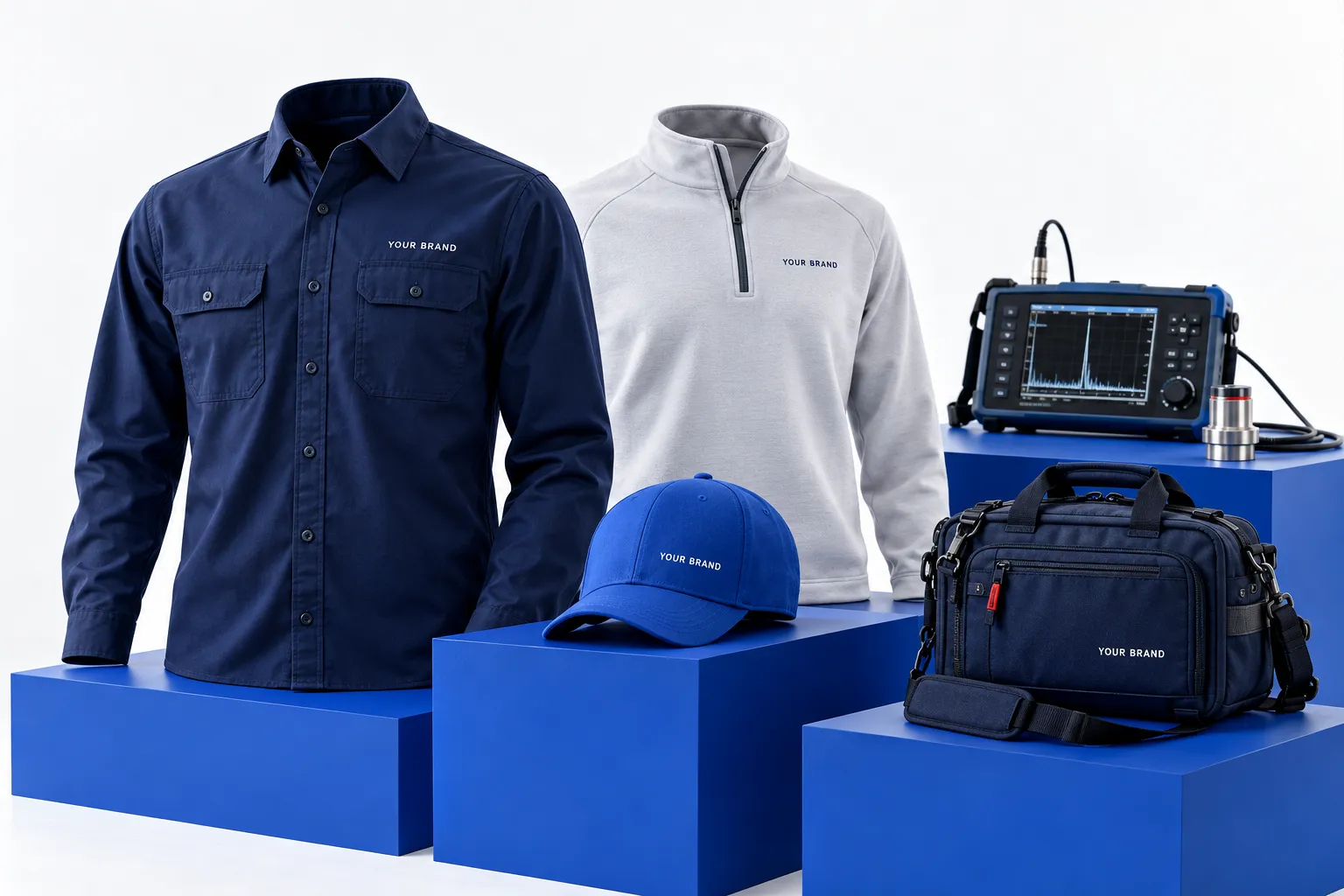 Industrial team apparel concept with navy shirts, caps and bags