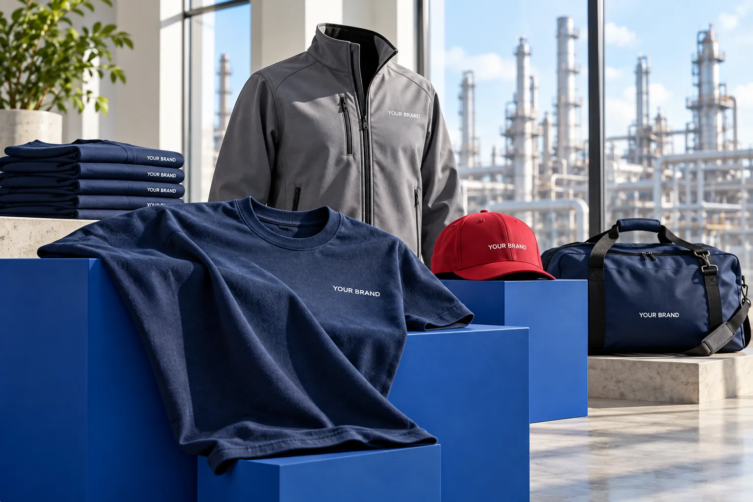Industrial team apparel concept with navy shirts, caps and bags