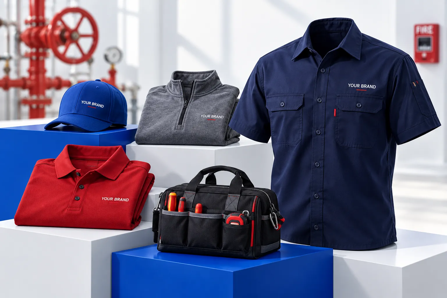 LS Custom workwear concept with blue and gray work shirts and a red polo