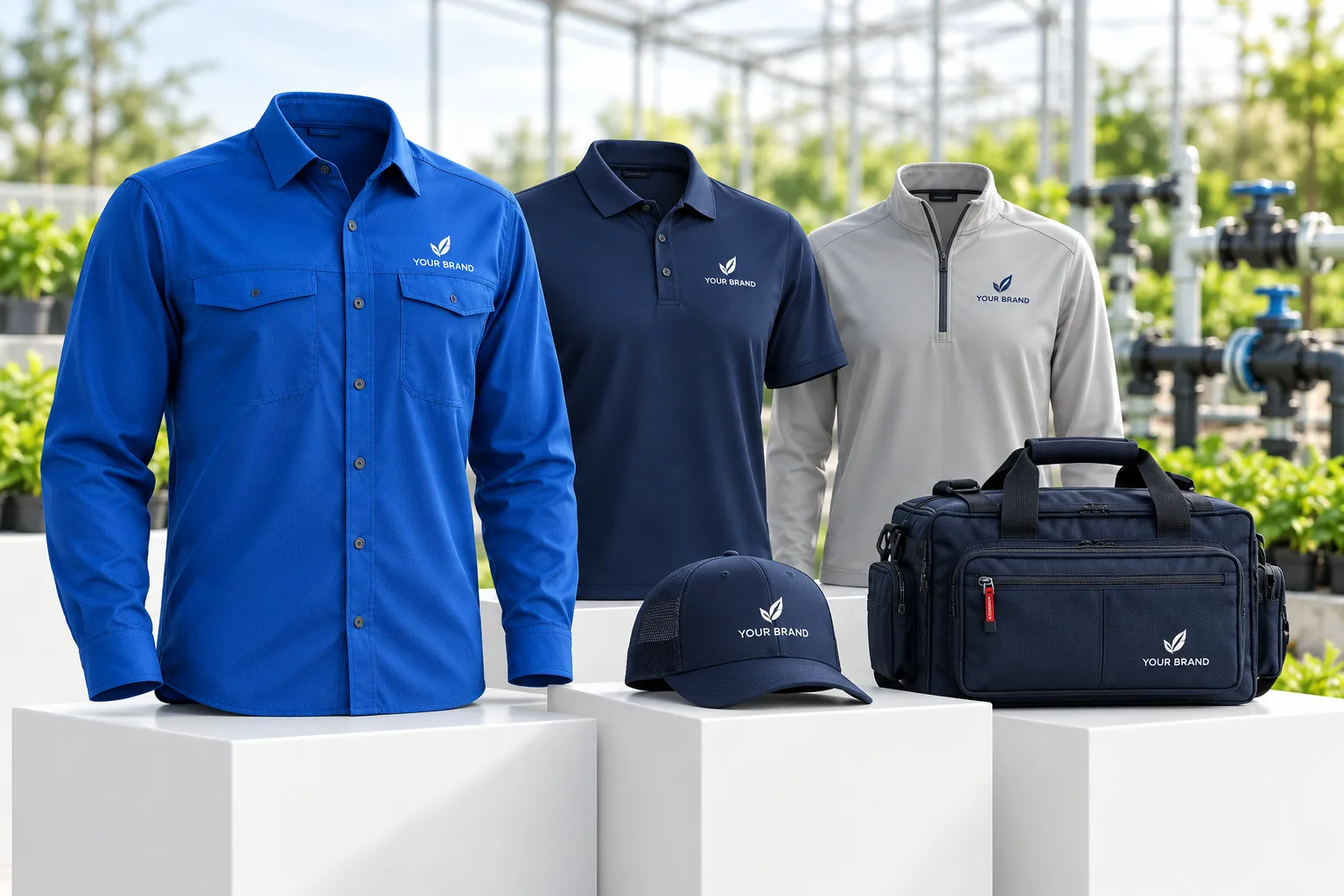 LS Custom workwear concept with blue and gray work shirts and a red polo