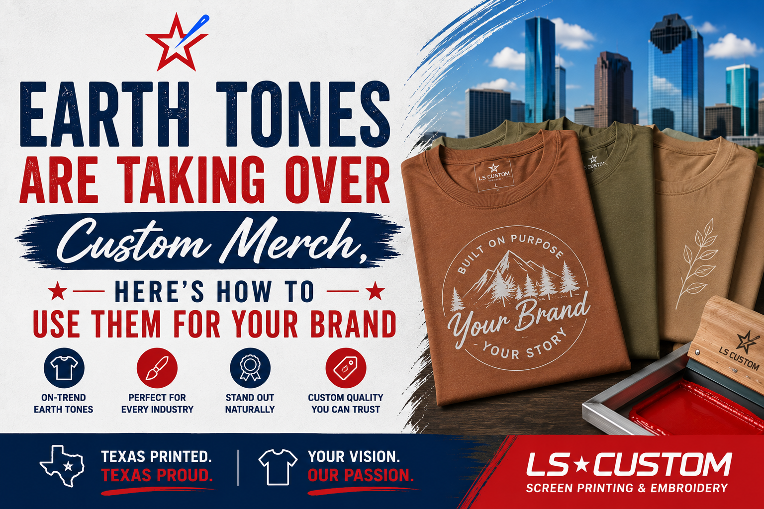 Earth-tone custom merchandise color palette with muted apparel