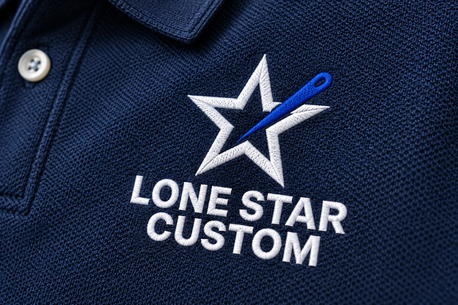Close detail of an embroidered LS logo on navy fabric