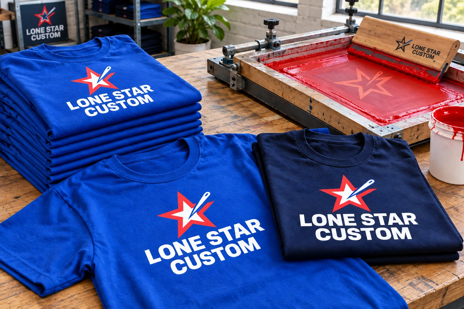 Branded shirts arranged beside screen printing equipment