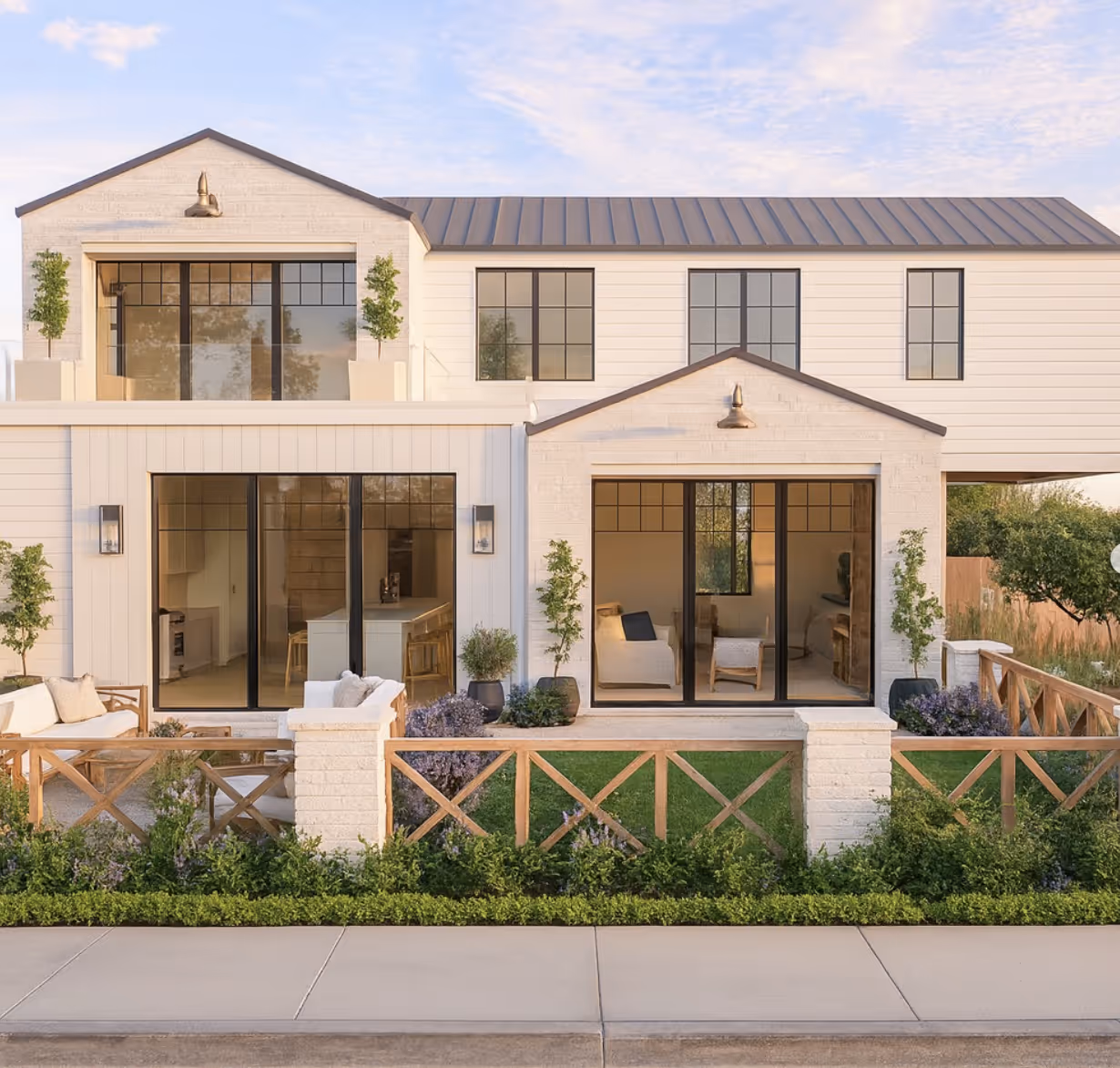 Modern two-story white house with large black-framed windows, outdoor seating area, and landscaped front yard.