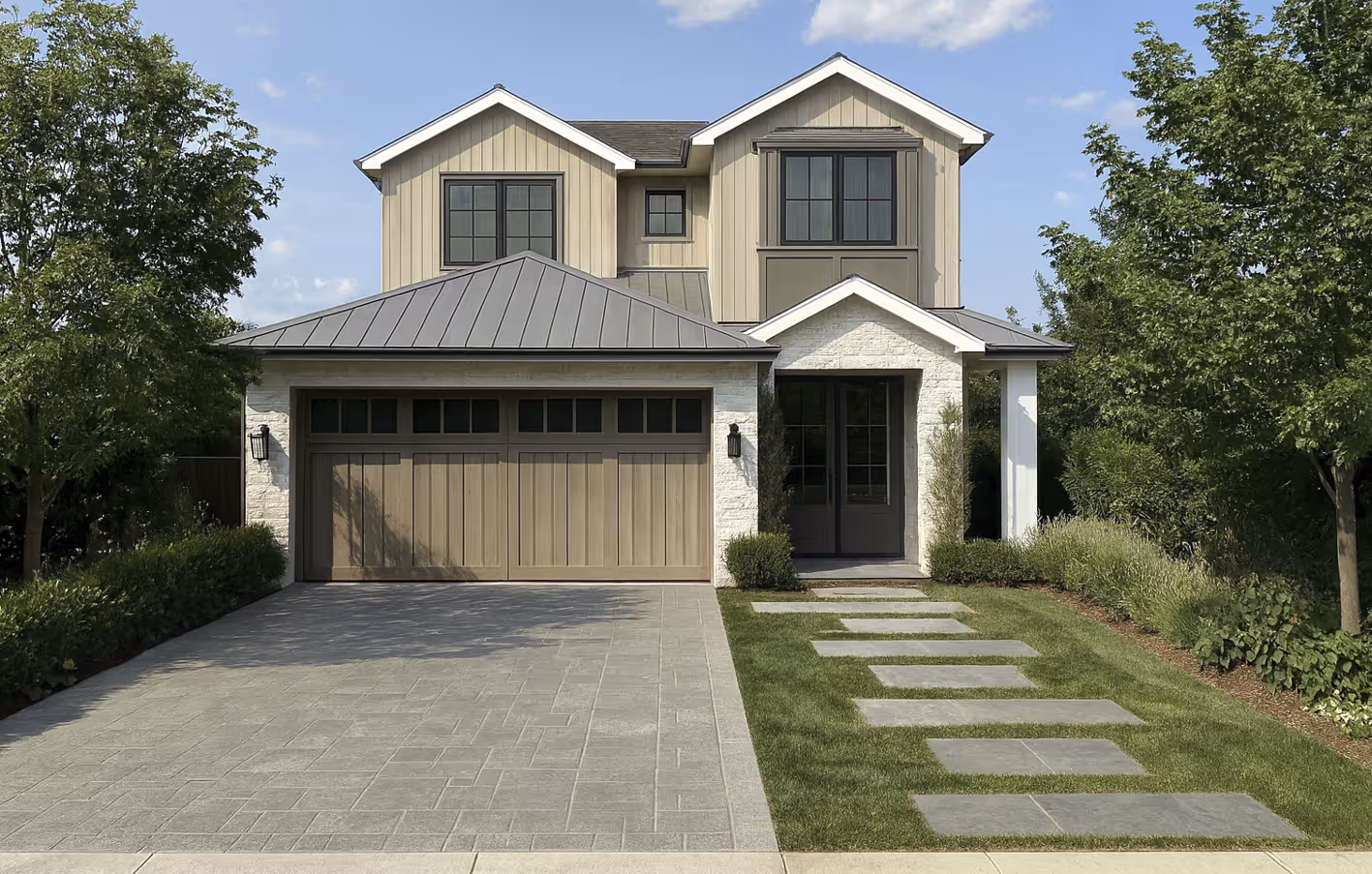 Modern two-story house with beige siding, stone accents, double garage, and a front yard with stepping stone path and trees.