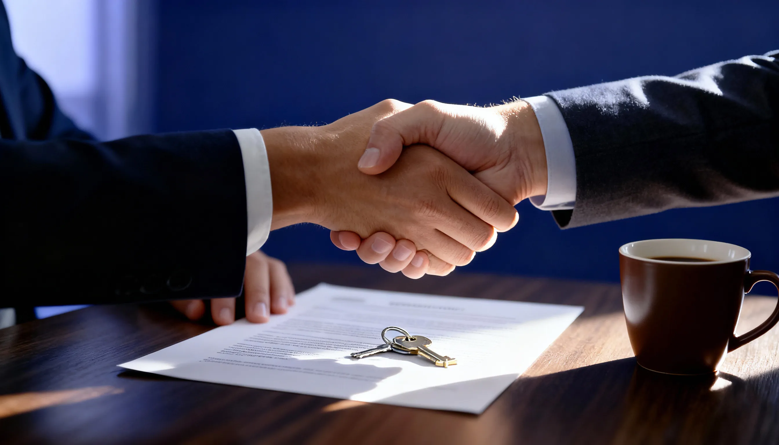 Poignée de main au-dessus d'un contrat de cession avec un jeu de clés, simulateur de coût de cession de fonds de commerce