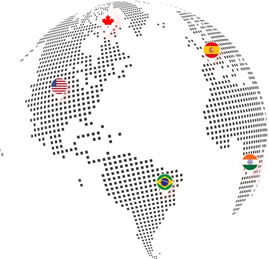 Black dotted world map with red location markers on Canada, the USA, Spain, Brazil, and India, each marker displaying the country's flag.