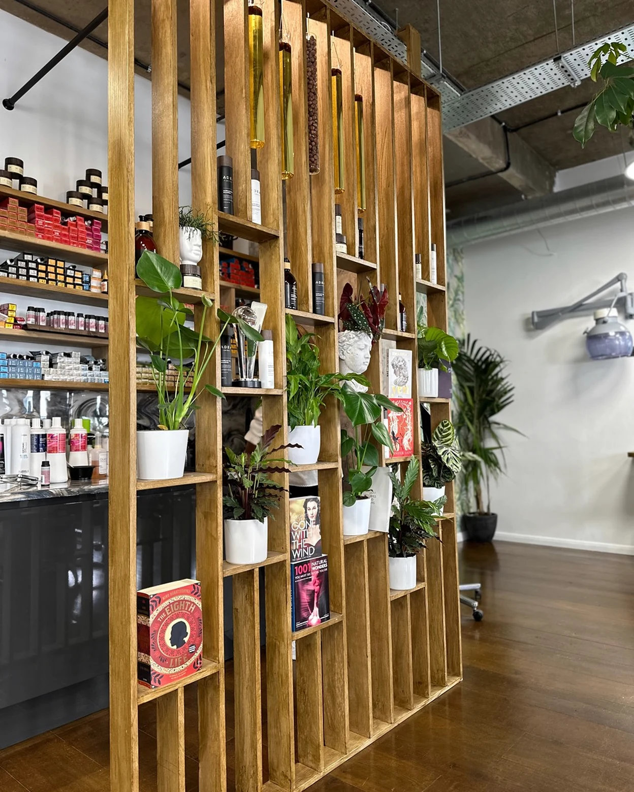 Open timber display partition at Adem hair salon, Ebury Street, Victoria