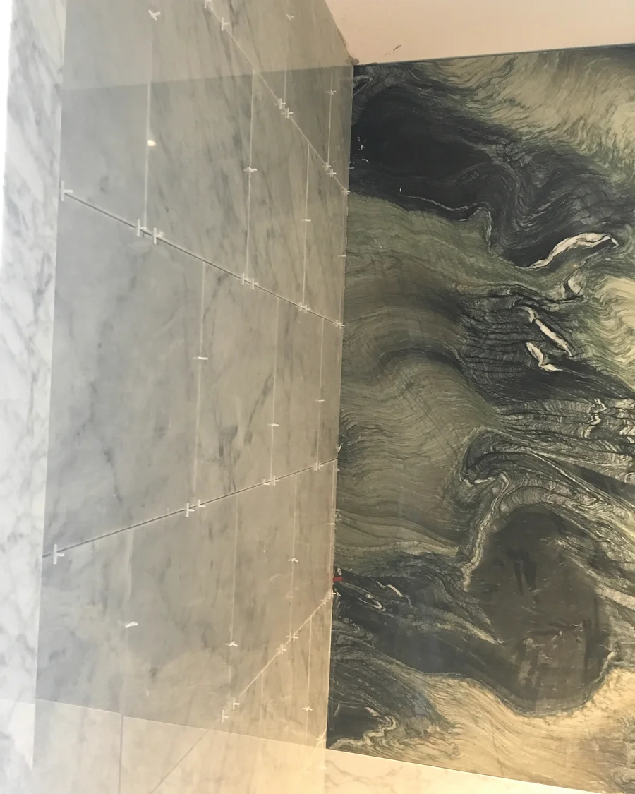 Regent’s Park Residence · Stone wall junction and feature panel — installation photographs
