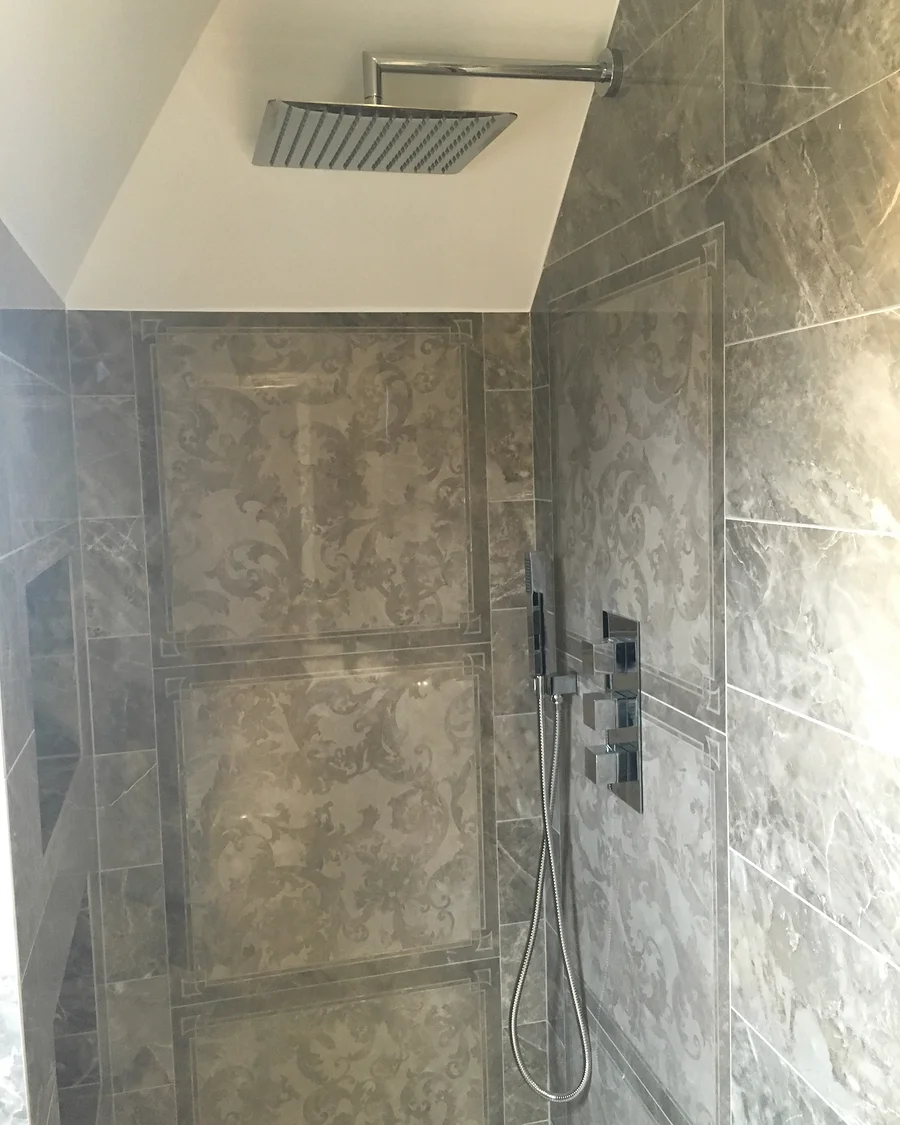 Regent’s Park Residence · Shower wall and ceiling junction — installation photographs