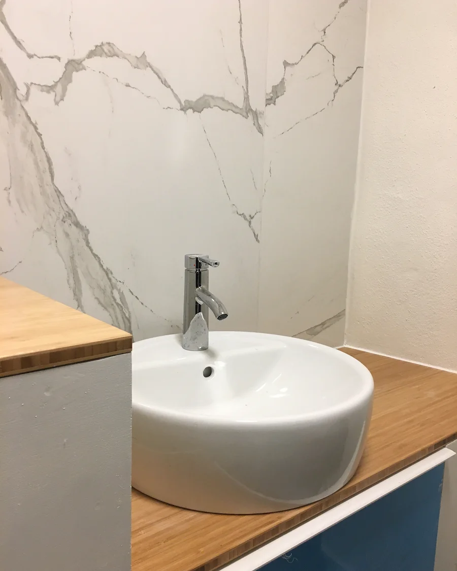 NU · King’s Road · Basin and wall finish during installation — installation photographs
