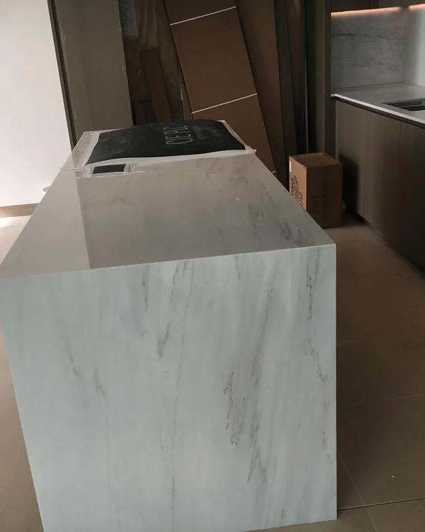 Blackfriars · Kitchen island with a stone waterfall return — installation photographs