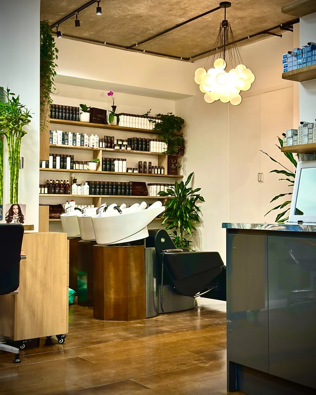 Wash area, product shelving and suspended lighting