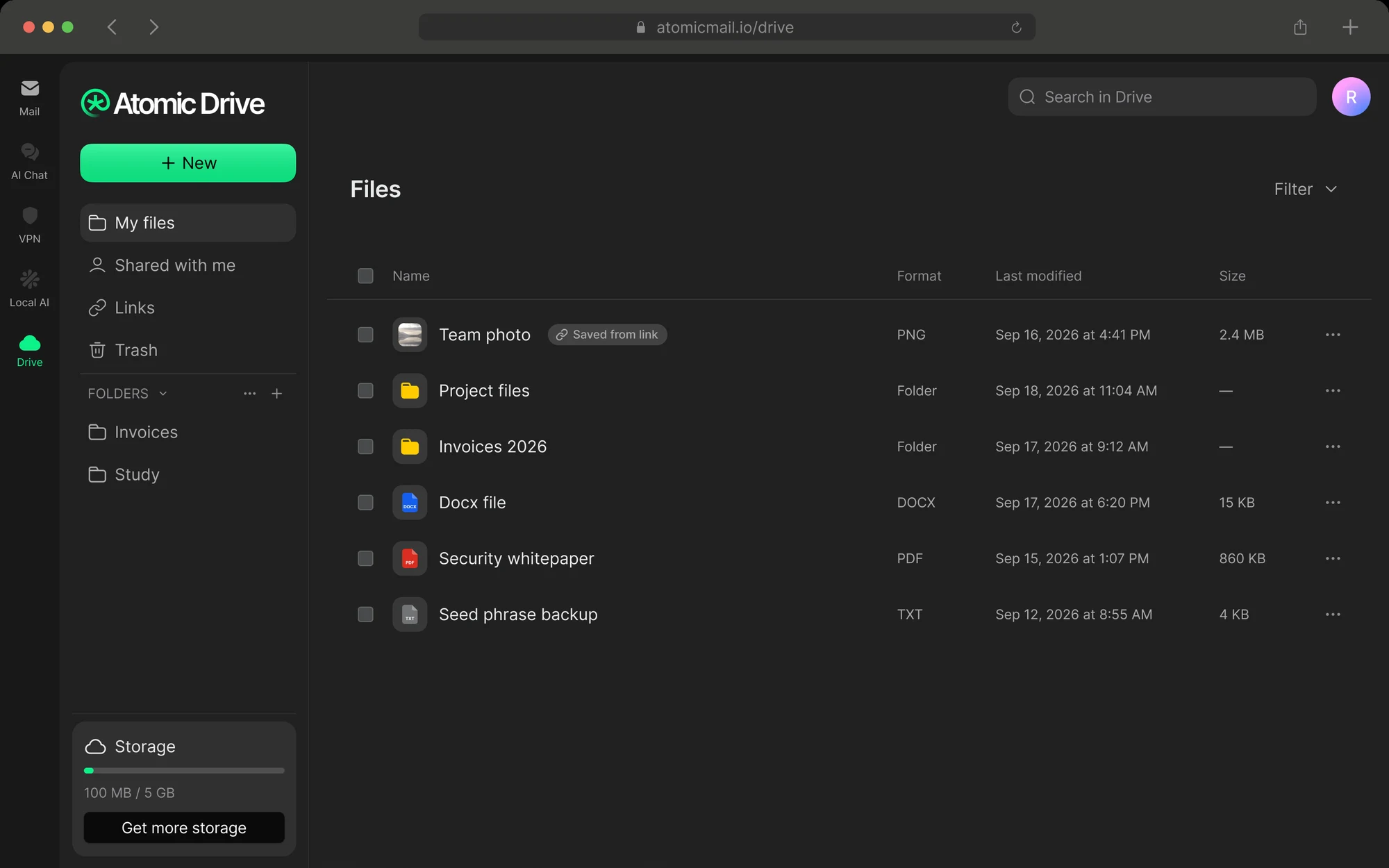 Atomic Drive web app showing an encrypted file list